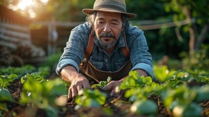 Picture of an enthusiastic farmer in Asia preparing soil in a vegetable garden under the morning sun showcasing dedication to agriculture realistic photo, high resolution , Minimalism,