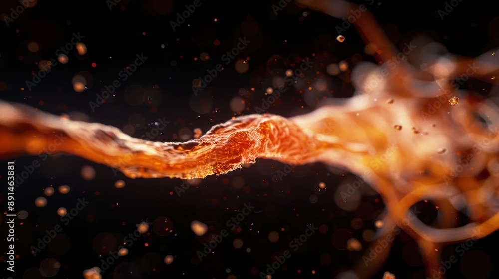 Poster this artistic image features an abstract red strand of liquid in motion, exhibiting a dynamic flow a