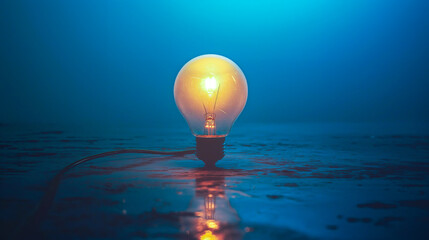 A lightbulb floats on the beach. The concept of ideas and innovation meeting nature and tranquility. Generative AI.