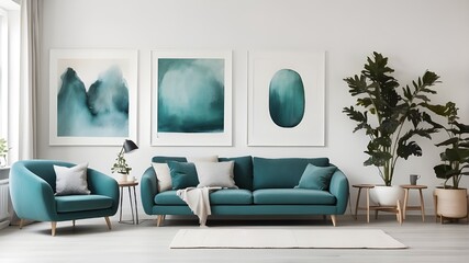 Three frames and a teal loveseat on a white wall. Scandinavian interior design for homes