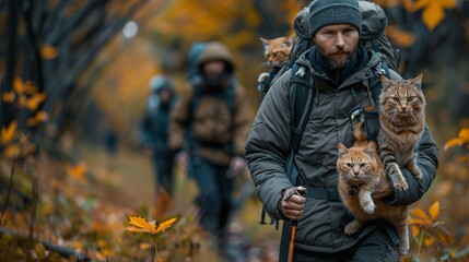 Cute people and their cats hiking along a forest trail, with vibrant autumn leaves creating a picturesque backdrop for their journey realistic photo, high resolution , Minimalism,