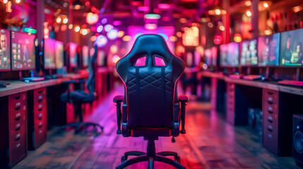 Gaming chair in a neon-lit gaming room