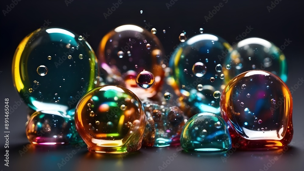 Poster isolated on a solid backdrop, a set of realistic transparent colored soap bubbles with rainbow refle