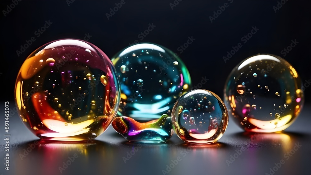 Poster isolated on a solid backdrop, a set of realistic transparent colored soap bubbles with rainbow refle