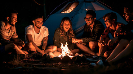 Campfire with Friends at Night