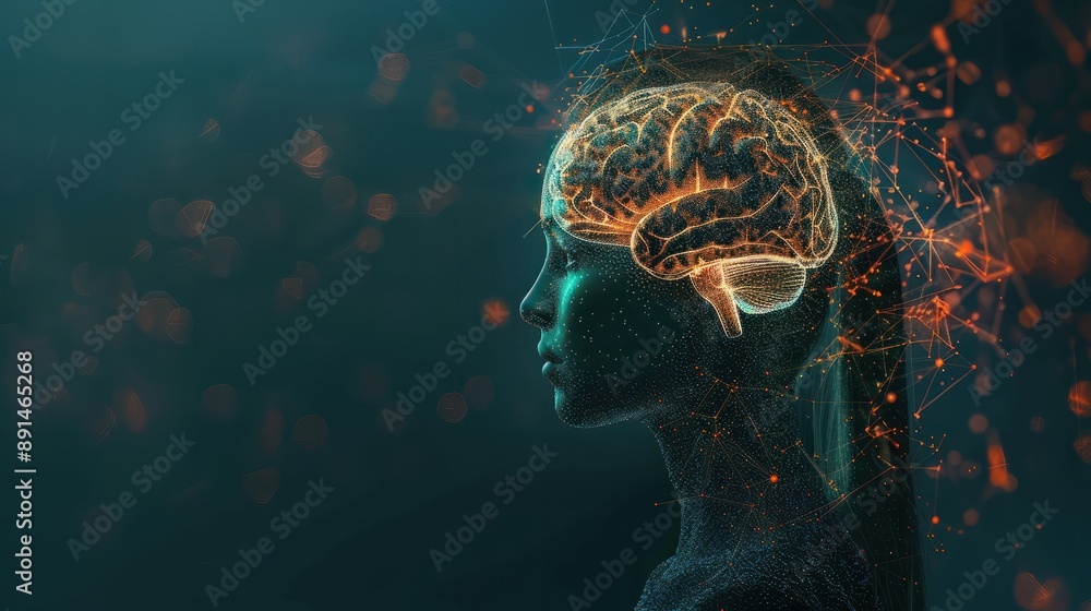 Poster conceptual abstraction of brain neurons. insight concept. portrait with selective focus and copy spa