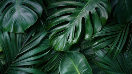 Fototapeta premium This image showcases a collection of lush green tropical leaves, featuring various shapes and sizes, creating a vibrant and exotic atmosphere suitable for nature enthusiasts.