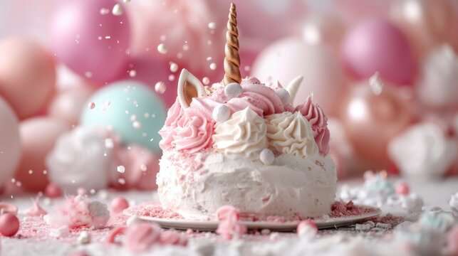 This charming image captures a whimsical unicorn cake adorned with pastel decorations, including ears, a horn, and sprinkles, making it perfect for celebrations and sweet-tooth indulgence.