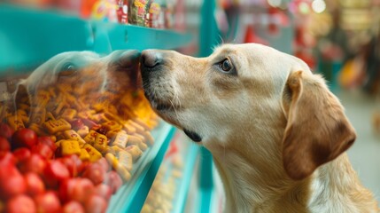 labrador looking at candy shelves in ice cream shop, trying to touch with nose, colorful background, high resolution photography, blurred focus on face with soft shadows