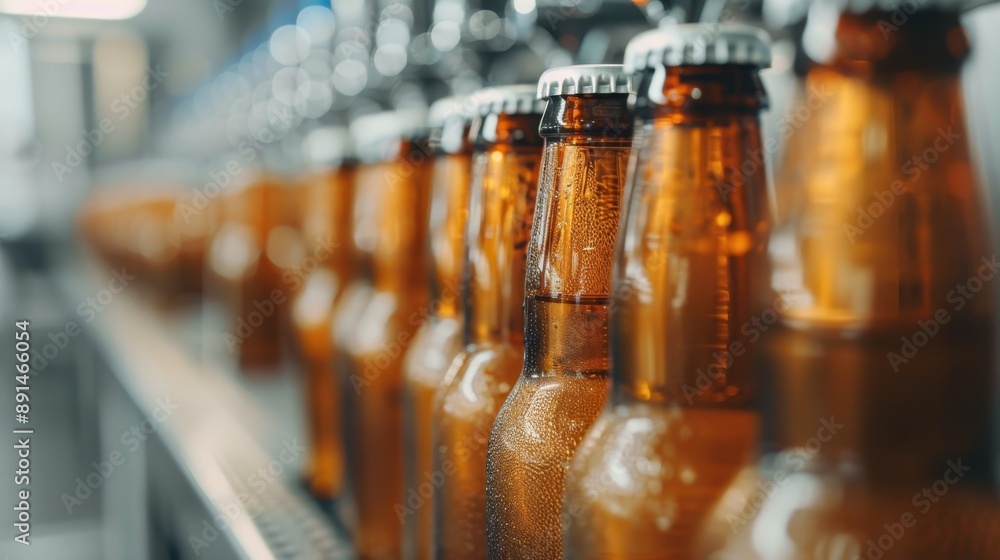 Poster a close-up view of beer bottles on a production line in a brewery, highlighting the precision and ef