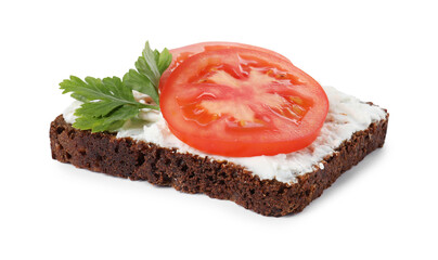 Delicious bruschetta with fresh ricotta (cream cheese), tomato and parsley isolated on white