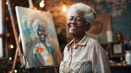 Senior elderly black woman artist standing in front of painting in studio