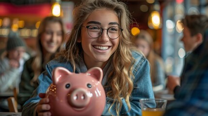 Obraz premium Cheerful College Friends with Piggy Bank