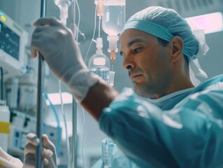 Focused anesthetist adjusting IV drip in modern clinic, emergency room context, clean and sterile environment