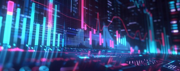 Financial graphs on a 3D analysis screen, big data and economic growth, virtual fintech dashboard, digital marketing, global economy visualization