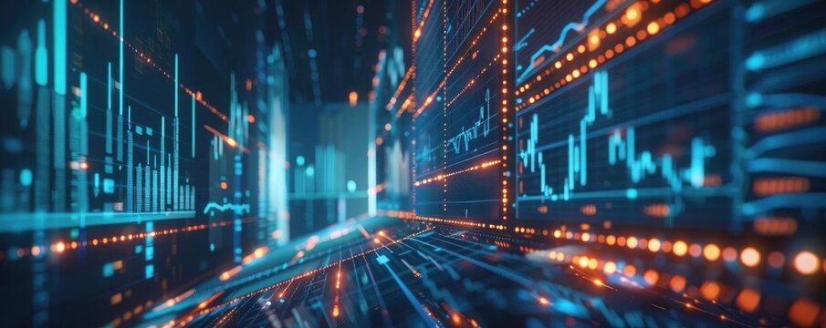 Financial graphs on a 3D analysis screen, big data and economic growth, virtual fintech dashboard, digital marketing, global economy visualization