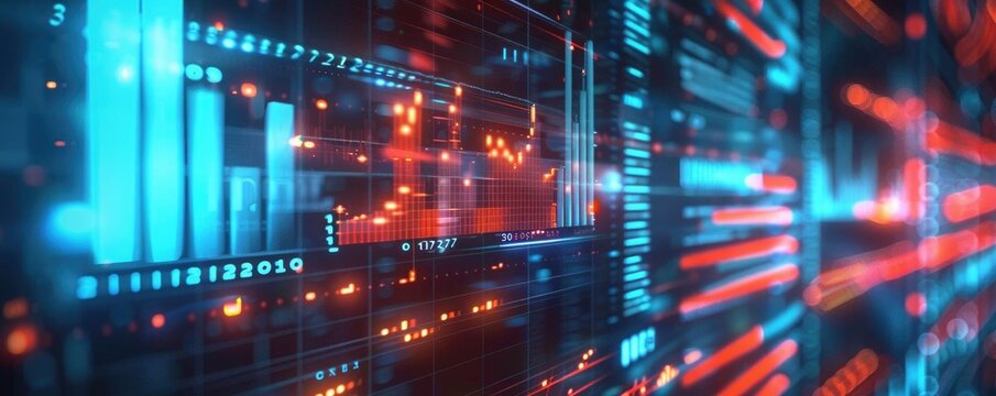 Financial graphs on a 3D analysis screen, big data and economic growth, virtual fintech dashboard, digital marketing, global economy visualization