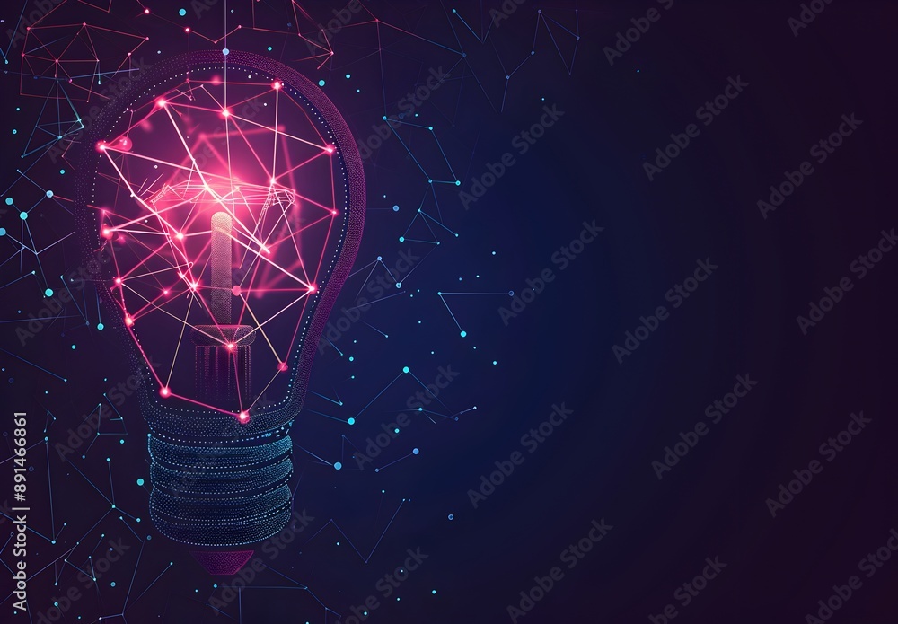 Poster abstract light bulb made of glowing lines on dark background, concept for innovation and idea in tec