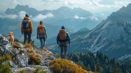 A couple with their dog climbing a forested mountain, capturing the stunning views from the summit realistic photo, high resolution , Minimalism,