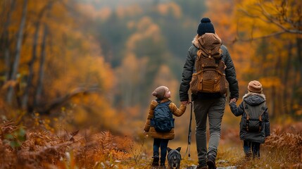 A family with their pets hiking through a forest during the autumn, capturing the vibrant colors of the foliage realistic photo, high resolution , Minimalism,