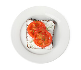 Delicious ricotta bruschetta with sliced tomatoes and dill isolated on white, top view
