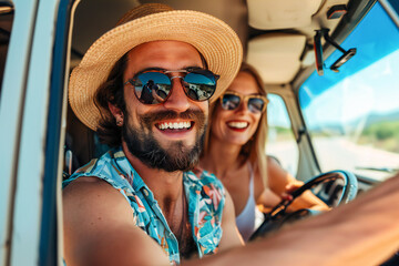 Couple on vacation on the roadtrip having fun driving	