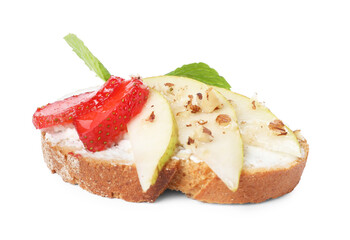 Delicious ricotta bruschetta with pear, strawberry and walnut isolated on white