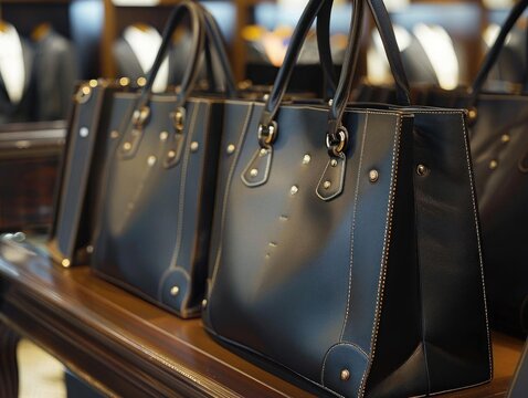 Luxurious leather shopping bags with intricate stitching, metallic accents, and sleek handles, displayed elegantly in a high-end boutique setting