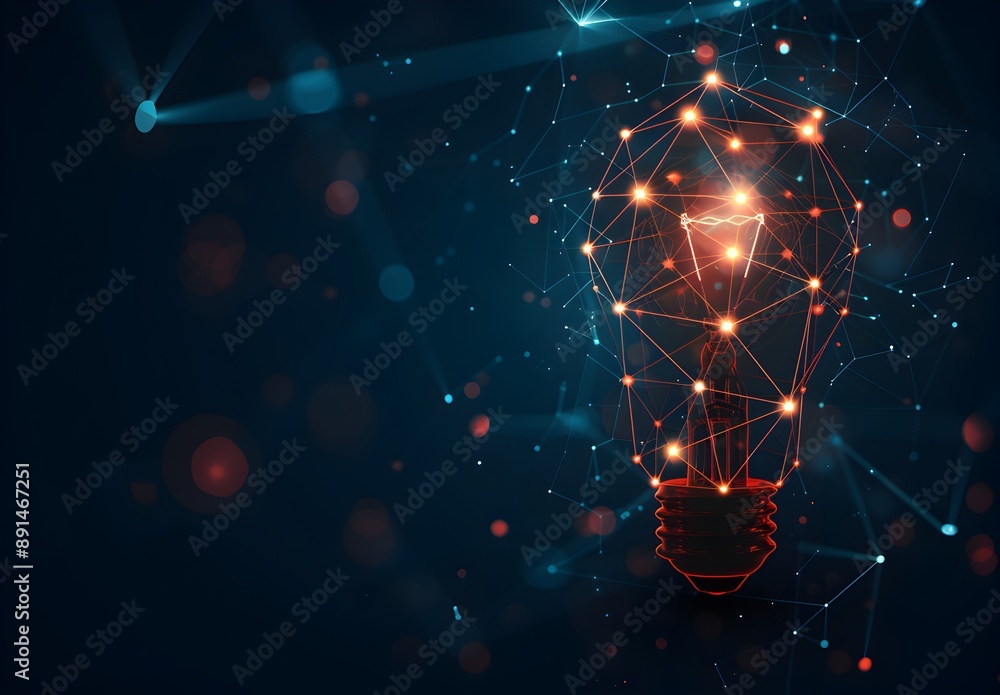 Poster abstract light bulb made of glowing lines on dark background, concept for innovation and idea in tec