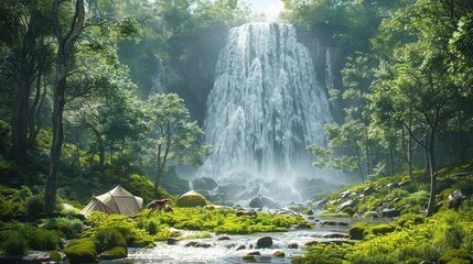 Friends and their pets setting up a campsite near a forest waterfall, enjoying the refreshing mist and soothing sounds realistic photo, high resolution , Minimalism,