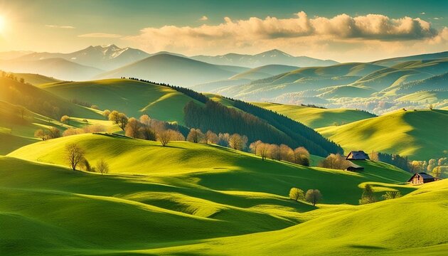  sunny afternoon. wonderful springtime landscape in mountains. grassy field and rolling hills. rural scenery
