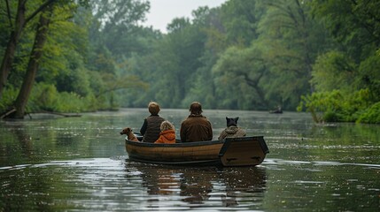 A family with their pets boating on a peaceful forest pond, enjoying the calm waters and scenic surroundings realistic photo, high resolution , Minimalism,
