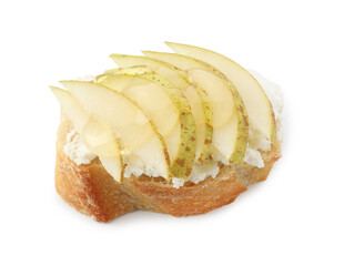 Delicious bruschetta with ricotta cheese and pear isolated on white, above view