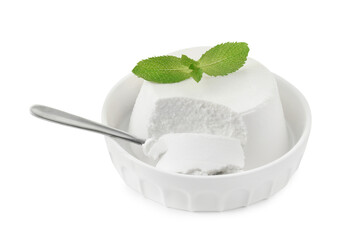 Delicious ricotta cheese, mint and spoon in bowl isolated on white