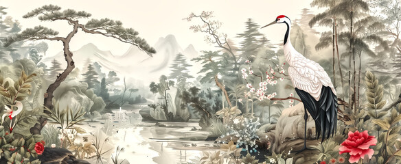 Vintage Asian mural wallpaper with garden, forest, chinese crane © pasakorn