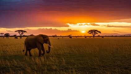 Fototapeta premium African Savannah Sunset with Elephants