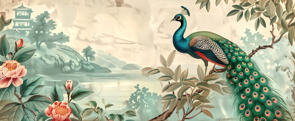 Vintage Asian mural wallpaper with garden, forest, peacock, bird