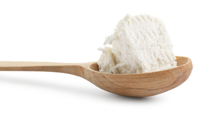 Tasty ricotta (cream cheese) in spoon isolated on white