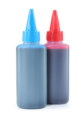 Bottles of different printer ink isolated on white