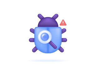 bug search and scanning concept. scan and look for gaps in systems, software, applications, or websites. illustration of insect with magnifying glass and warning sign. symbol or icon. 3d style