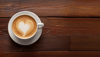 Obraz premium Heart-shaped latte art in a white cup on a dark brown, distressed wooden table, with clear b