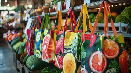 Colorful market shopping bags with playful fruit and vegetable prints, set in a vibrant, busy farmer's market