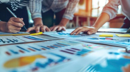 Obraz premium Business people collaborating over a project, detailed analysis documents on table, modern office setting, dynamic and focused atmosphere