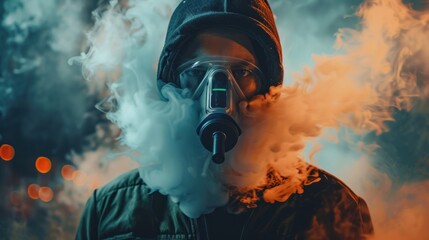 Naklejka premium Man in a Gas Mask Exhaling Smoke