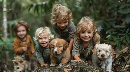 Fototapeta premium Adorable children and their playful puppies climbing a small mountain in a lush forest, capturing the excitement and joy of reaching new heights together realistic photo, high resolution , Minimalism,