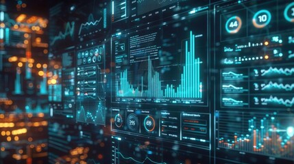 Business analysis screen displaying financial graphs and big data, 3D economic growth, virtual fintech dashboard, digital marketing, global economy