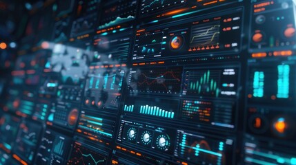 Obraz premium Business analysis screen displaying financial graphs and big data, 3D economic growth, virtual fintech dashboard, digital marketing, global economy