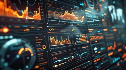 Obraz premium Business analysis screen displaying financial graphs and big data, 3D economic growth, virtual fintech dashboard, digital marketing, global economy