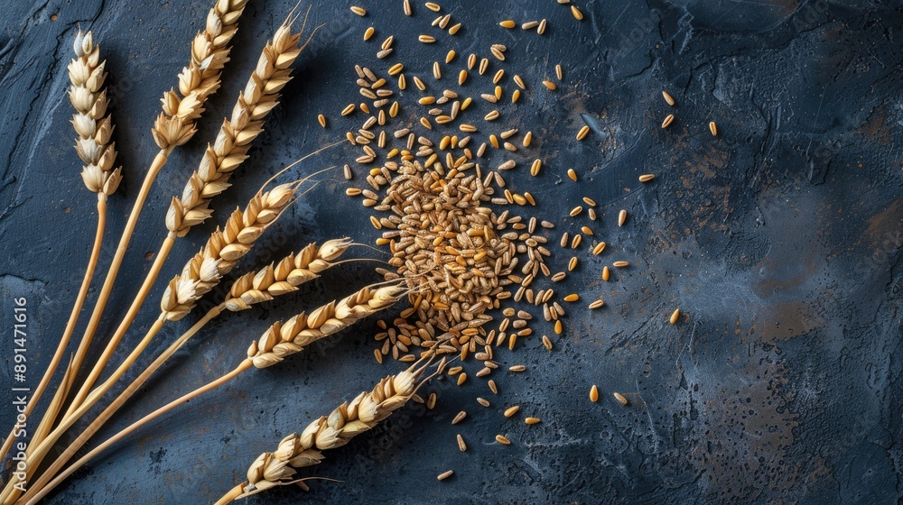 Poster a bunch of wheat grains are scattered on a dark surface. the grains are of different sizes and are s