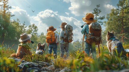 Cute kids and their pets exploring a forest with binoculars and maps, discovering new wildlife and learning about nature during their exciting adventure realistic photo, high resolution , Minimalism,